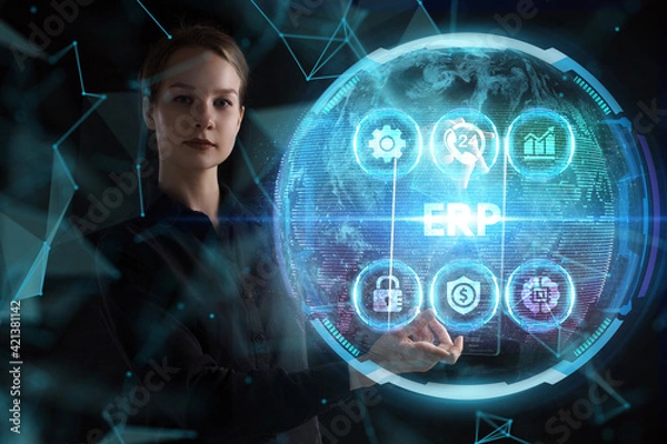 Fototapeta Business, technology, internet and network concept. Young businessman thinks over the steps for successful growth: ERP