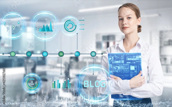 Fototapeta Business, technology, internet and network concept. Young businessman thinks over the steps for successful growth: Blog