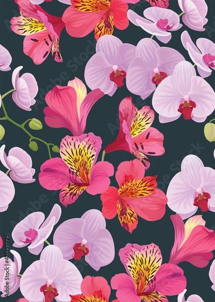 Fototapeta Seamless pattern of Orchid and Alstroemeria flower background template. Vector set of floral element for wedding invitations, greeting card, brochure, banners and fashion design.