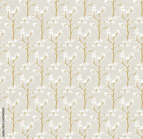 Fototapeta Simple seamless nature pattern with branch and flowers. Pastel colours, vintage retro style. Print for textile, fabrics, interior, wallpaper, baby room. 