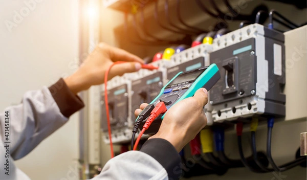 Fototapeta Electrical engineer tests the operation of the electric control cabinet on a regular basis for maintenance.