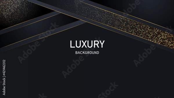 Fototapeta Dark abstract background with black overlap layers. Realistic texture with light effect and golden glitters dots element decoration.