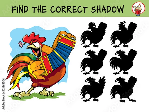 Obraz Rooster playing the accordion. Find the correct shadow. Educational game for children. Cartoon vector illustration