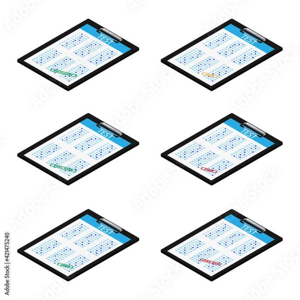 Fototapeta Test, exam paper on clipboard vector icon set isometric view. Exam, or survey concept icon. School test. School exam.
