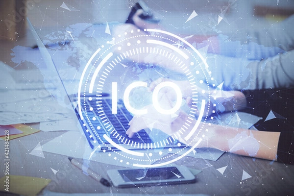 Fototapeta Double exposure of woman hands typing on computer and crypto market theme hologram drawing. Blockchain concept.