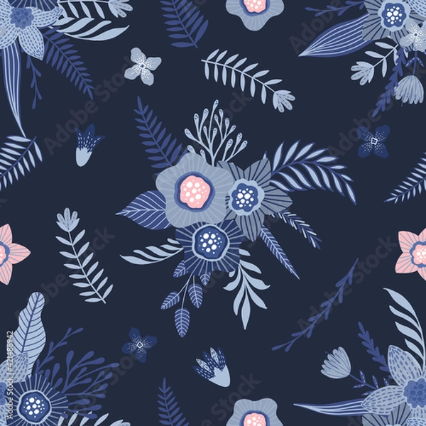 Fototapeta Seamless pattern with flowers and leaves. Creative floral texture. Great for fabric, textile Vector Illustration