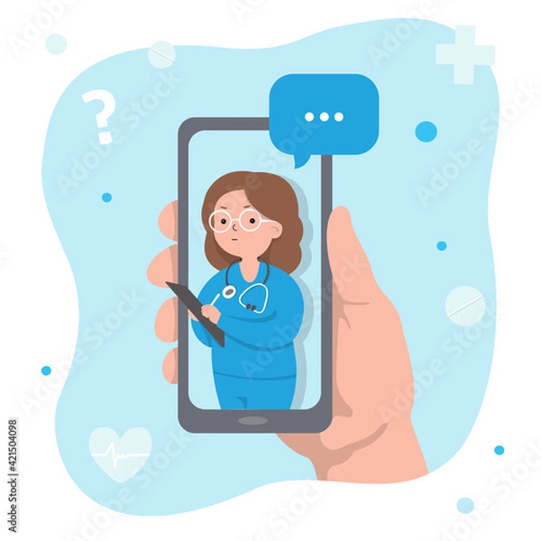Fototapeta Hand holds a smartphone with a Female Doctor in it. The concept of an online consultation with a medical specialist. Colorful vector illustration in a flat design.