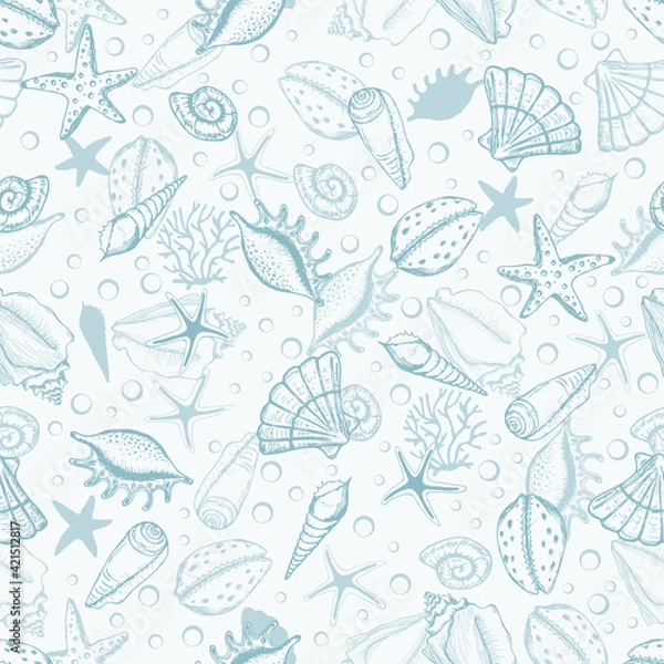Fototapeta Hand drawn sea shells, seaweed and stars seamless collection. Marine illustration shell. Ideal for fabric, wallpaper, wrapping paper, textile, bedding, t-shirt print..
