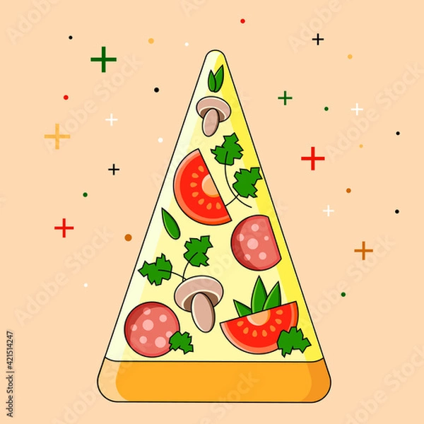 Obraz Pizza With Tomatoes, Cheese, Herbs And Sausage. Pizza Margarita Image For Cafe Or Restaurant. Pizza Slices With Vegetables. Sliced Pizza.