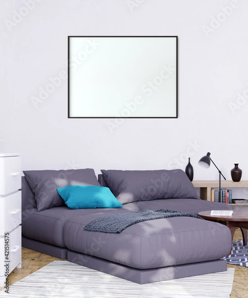 Fototapeta Mock up poster frame in Scandinavian style interior. Minimalist interior design. 3D illustration. 3D render