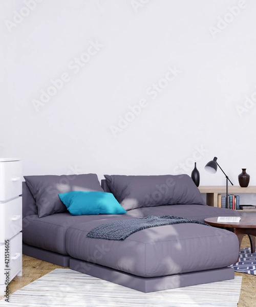 Fototapeta Wall mock up in living room. Scandinavian interior. 3d rendering, 3d illustration