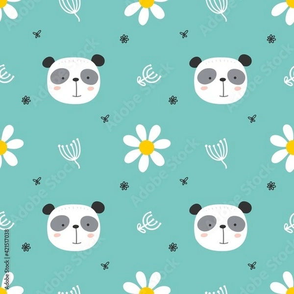 Fototapeta Funny endless hand drawn background with cute panda, flowers and butterfly. Cool vector illustration for kids, babies, fashion, texture, ornament.