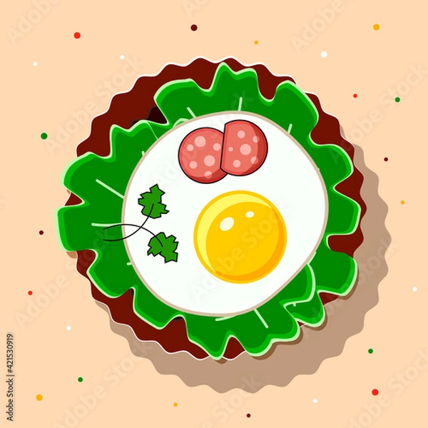Obraz Fried Eggs With Salad Leaves, Salami And Vegetables On A Plate. View from above. Omelet From Eggs. Delicious And Healthy Protein Breakfast.