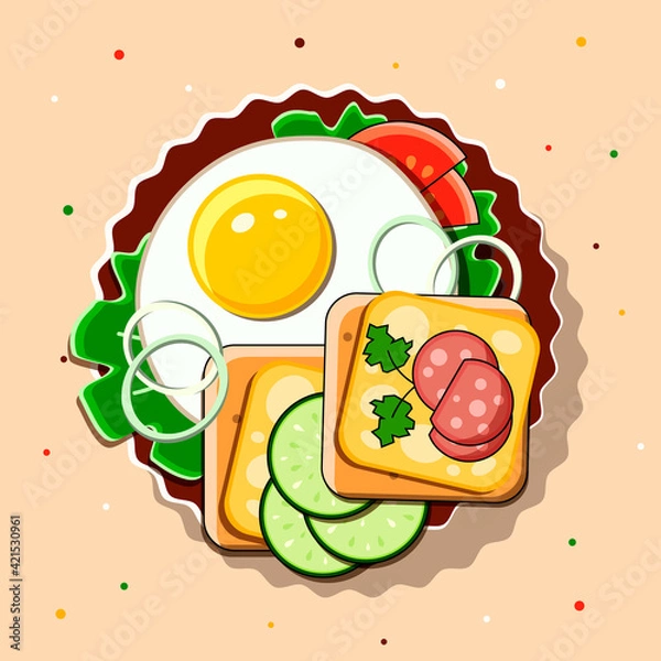 Obraz Fried Eggs With Salad Leaves, Salami And Vegetables On A Plate. View from above. Omelet From Eggs. Delicious And Healthy Protein Breakfast.