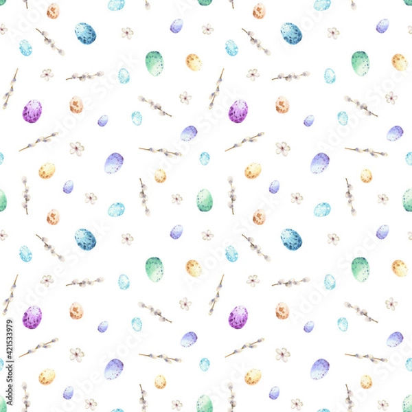 Fototapeta Colorful eggs, pussy willow seamless pattern Watercolor Easter background