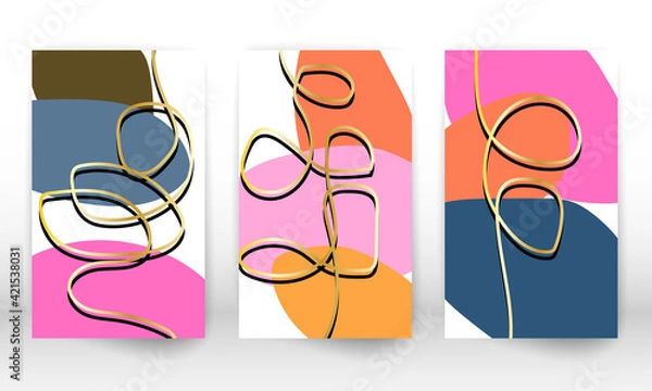 Fototapeta Set of geometric shapes. Abstract hand drawn watercolor effect design elements. Modern art print. Contemporary design with doodle shapes. Golden lines.