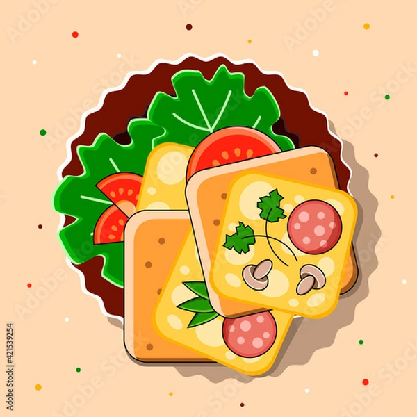 Obraz Light Breakfast With Toast, Cheese And Vegetables. Bread Slices On A Plate. View from above. Bright Colorful Food Picture For Cafe Or Restaurant.