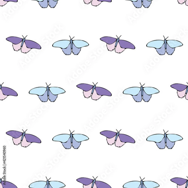 Fototapeta Vector white background white flowers seamless pattern. blue purple pink butteflies. Seamless pattern background