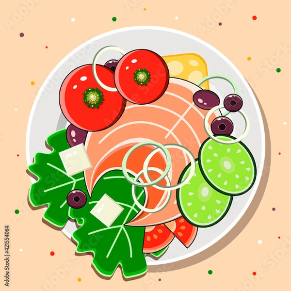 Obraz Fish Steak With Fresh Vegetables Baked. Fish On A Plate With Tomatoes, Lettuce Leaves, Cucumbers And Cheese. Image For Banner Or Menu. 