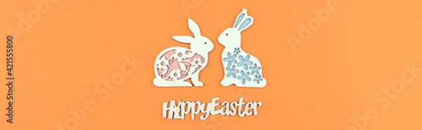 Fototapeta Easter background banner with text and bunny decoration, copy space