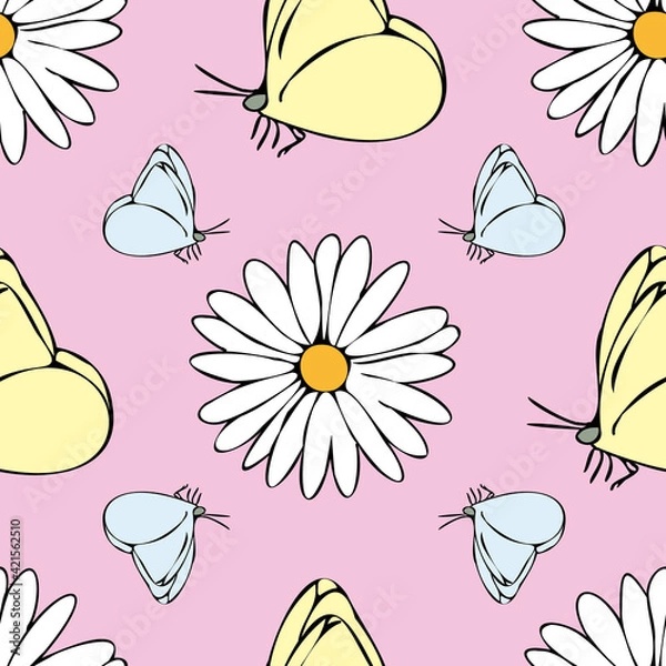 Fototapeta Vector pastel pink background daisy flowers and butterfly seamless pattern. butterflies. Seamless pattern background