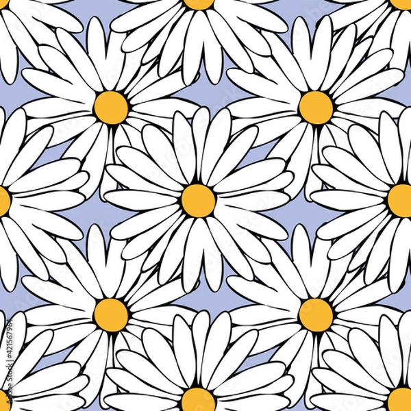 Fototapeta Vector pastel blue background daisy flowers seamless pattern. butterflies. Seamless pattern background