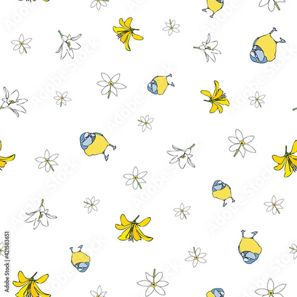 Obraz Vector white background yellow white floral birds seamless pattern. Lilies, birds. Seamless pattern background