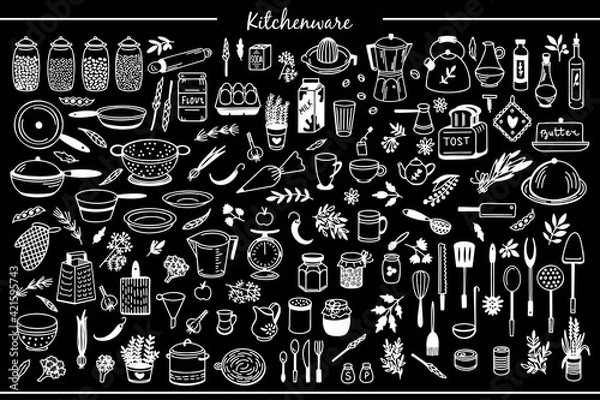 Fototapeta Kitchenware Vector set. Tool and ware collection. Hand drawn, doodle cooking icons. Cookware chalkboard. Template, banner for design, menu, restaurant, cafe, bakery, wallpaper, recipe card, cookbook. 