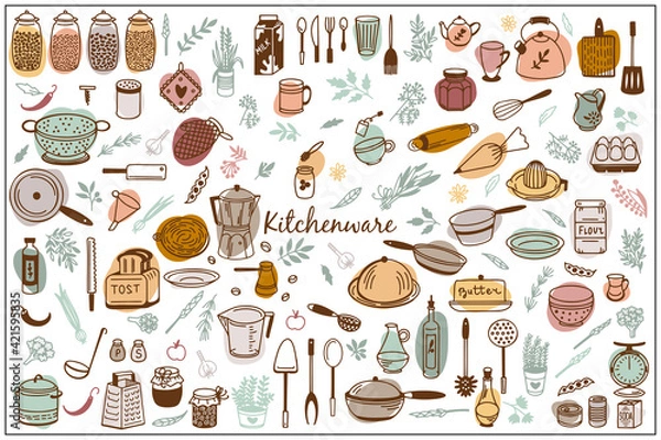 Fototapeta Kitchenware Vector set. Tool and ware collection. Hand drawn, doodle cooking icons. Cookware elements. Template, banner for design, menu, restaurant, cafe, bakery, wallpaper, recipe card, cookbook. 