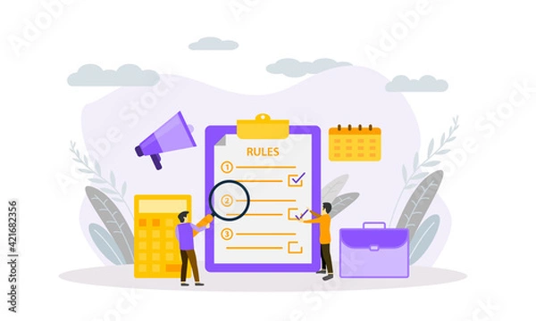Fototapeta Flat design business rule concept, making checklist. Vector Illustration for banner, background, landing page, mobile app, website.
