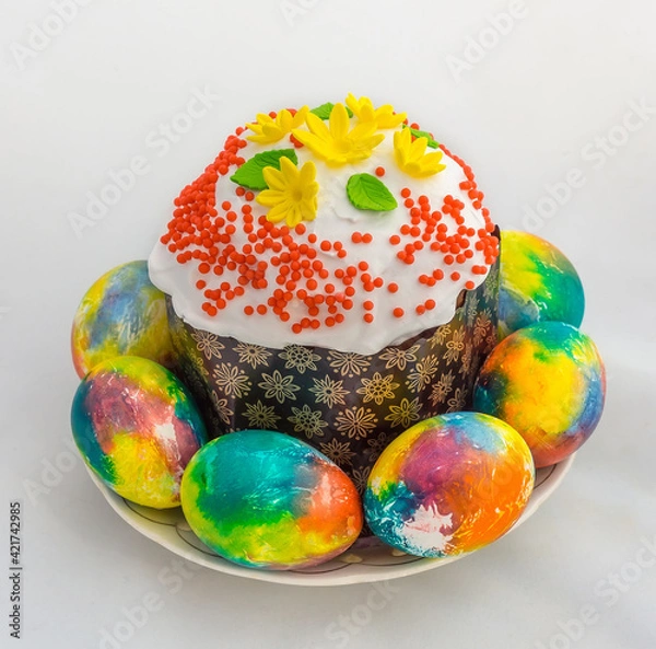 Obraz Beautiful Easter cake with eggs on a plate