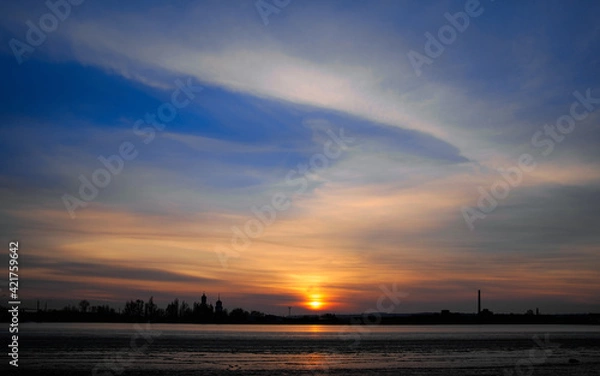 Fototapeta high resolution landscape - sunset lake and silhouettes