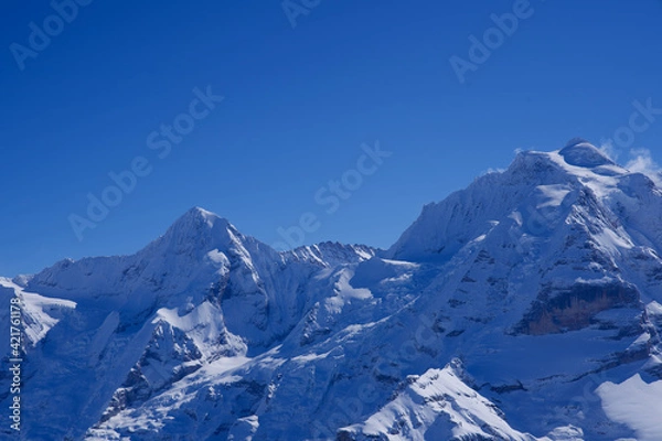 Fototapeta Panorama of Bernese Alps with Mountain Peaks Mönch (monk) and Jungfrau (virgin), seen from Mürren, Switzerland.