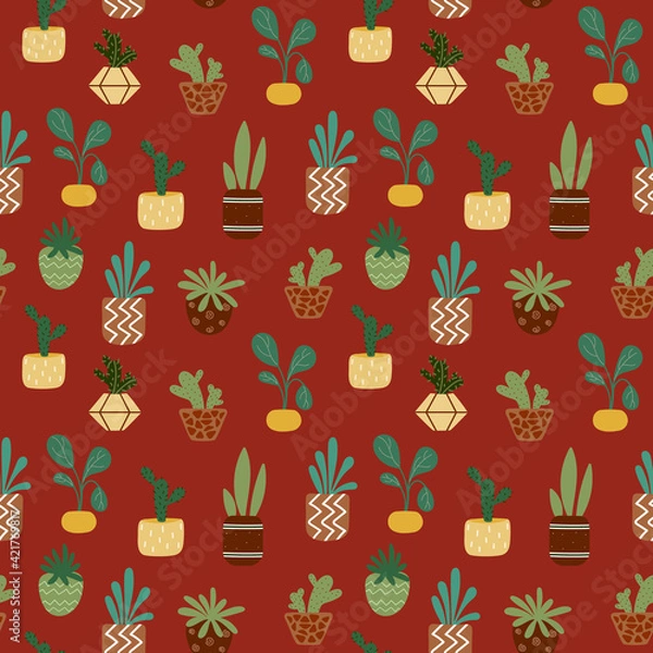 Fototapeta Home potted plants seamless pattern. Indoor flowers. Pattern in earthy and natural colors in boho style