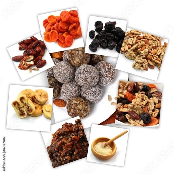 Fototapeta Healthy energy candies made from dried fruits and nuts . Raw vegan candy. Dried fruits. Recipe for making homemade sweets with nuts. Set of ingredients