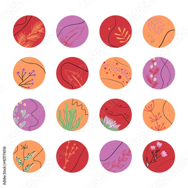 Fototapeta A set of round icons on the theme of nature. Drawn icons with floral elements. Social media icons.