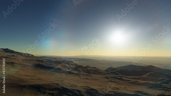 Fototapeta Exoplanet fantastic landscape. Beautiful views of the mountains and sky with unexplored planets. 3D illustration