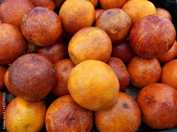 Fototapeta Red Sanguinelli oranges are native to Spain, the fruit is slightly elongated, the skin is blushy, with a few seeds inside