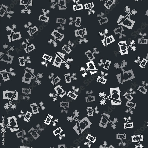 Fototapeta Grey Scissors cutting money icon isolated seamless pattern on black background. Price, cost reduction or price reduction icon concept. Vector