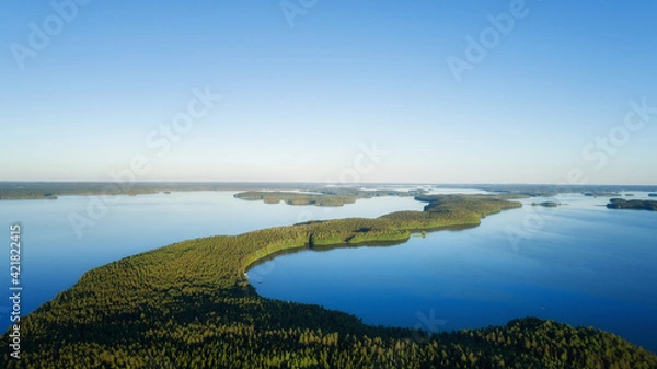 Fototapeta Aerial top view of beautiful blue water of beautiful lake. Birds eye view of scenic lake surrounded by pine forests.