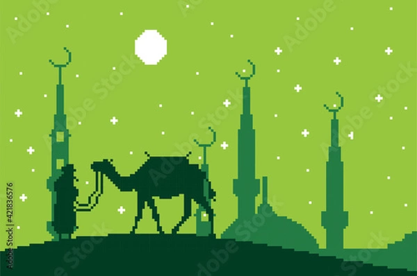 Fototapeta Pixel art with the theme of the month of Ramadan, Muslim tradition. there is a shadow of a camel and a man under the sky