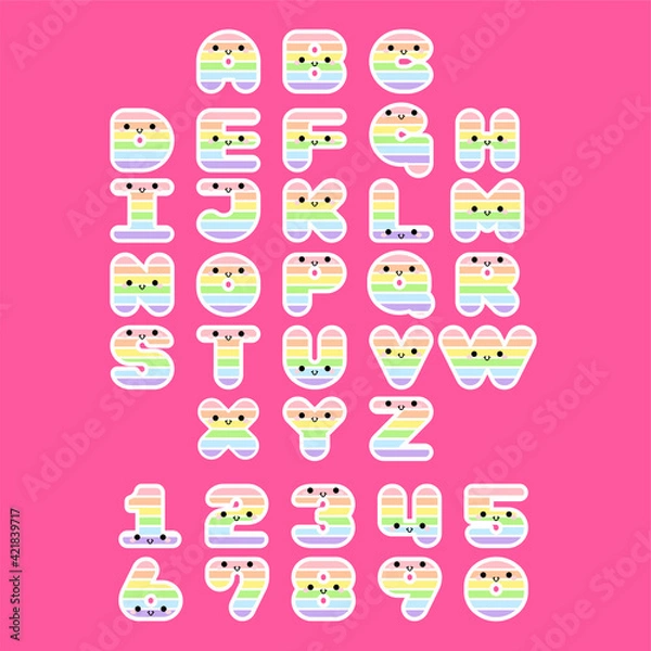 Fototapeta Rainbow alphabet set smiling face with eyes and mouth on pink background. Colorful ABC design for book cover, poster, card, print on baby's clothes, pillow etc. Vector illustration.