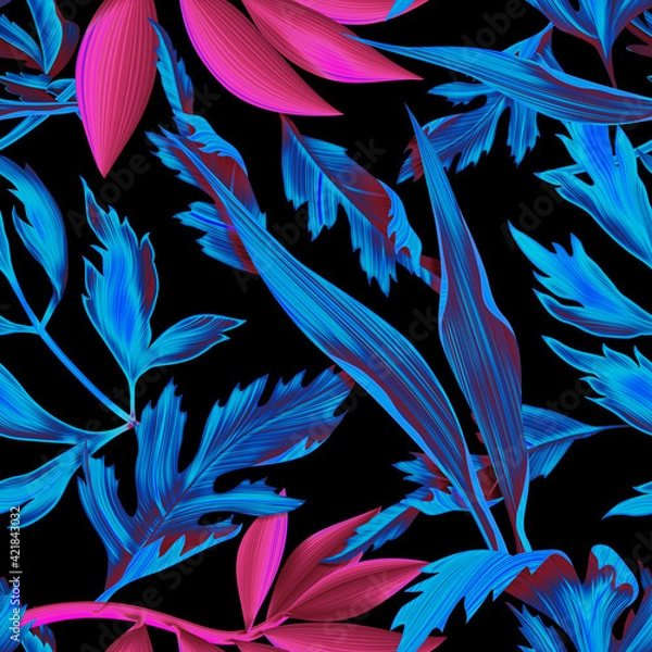 Fototapeta Colourful Seamless Pattern with tropic flowers and leaves. Hi quality fashion design. Fresh and unique botanical background