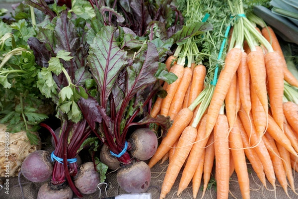 Fototapeta Pile of fresh raw various vegetables, Carrots, beetroot selling in farmer market