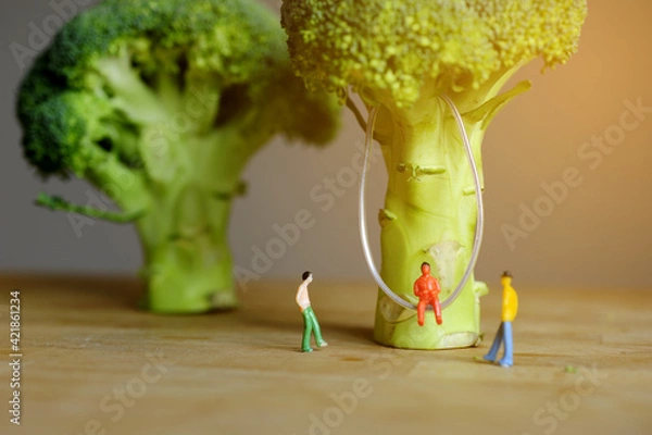 Fototapeta Miniature figurine character: One people sitting on swing that hanging on broccoli and two people standing on wooden floor near by for chatting 