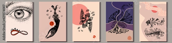 Fototapeta Set of artistic hand-drawn graphic posters. Eye and infinity symbol, mermaid, abstract images and fantasy fish. Vector Illustration