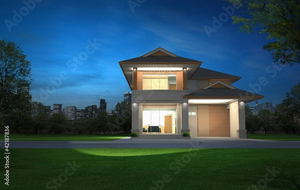 Fototapeta 3d rendering, Exclusive two floor tropical modern house in night