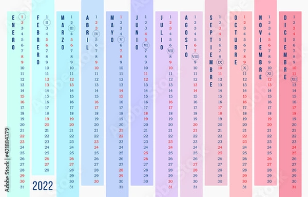 Obraz Multi colored Calendar 2022 year. New 2022 linear calendar template in Spanish. 12 months vertically of different colors on light background. Stock vector