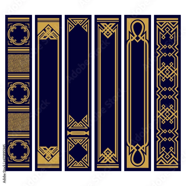 Fototapeta Spine books design template set. Old narrow vertical frames. Art Deco style design. Geometric pattern.