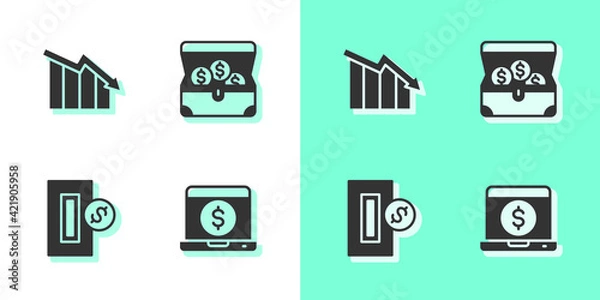 Obraz Set Laptop with dollar, Financial growth decrease, Inserting coin and Treasure chest icon. Vector